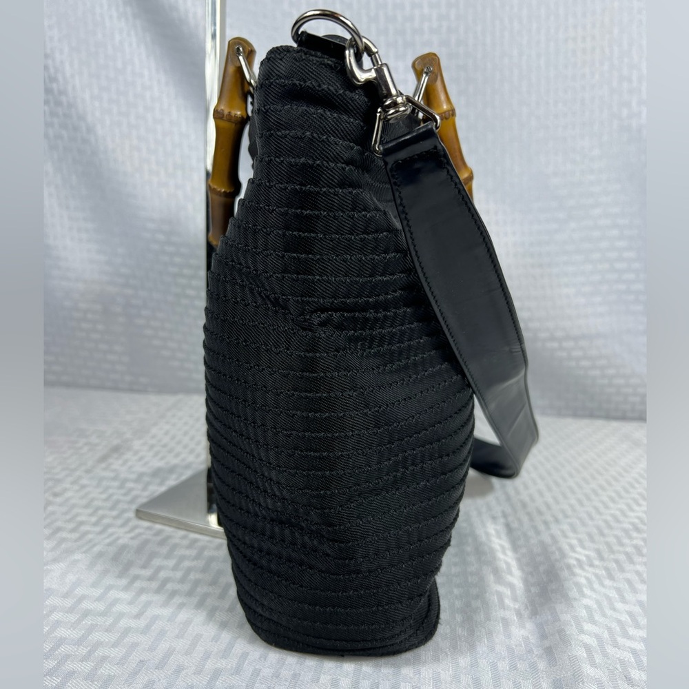 3180: Gucci Bamboo Handle Shoulder Tote Black Woven Nylon Vintage - Picture 4 of 11